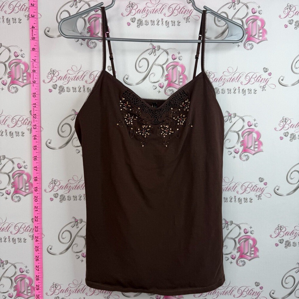 Tag studio tank top beaded Y2k Brown Embellished Spaghetti Strap Camisole